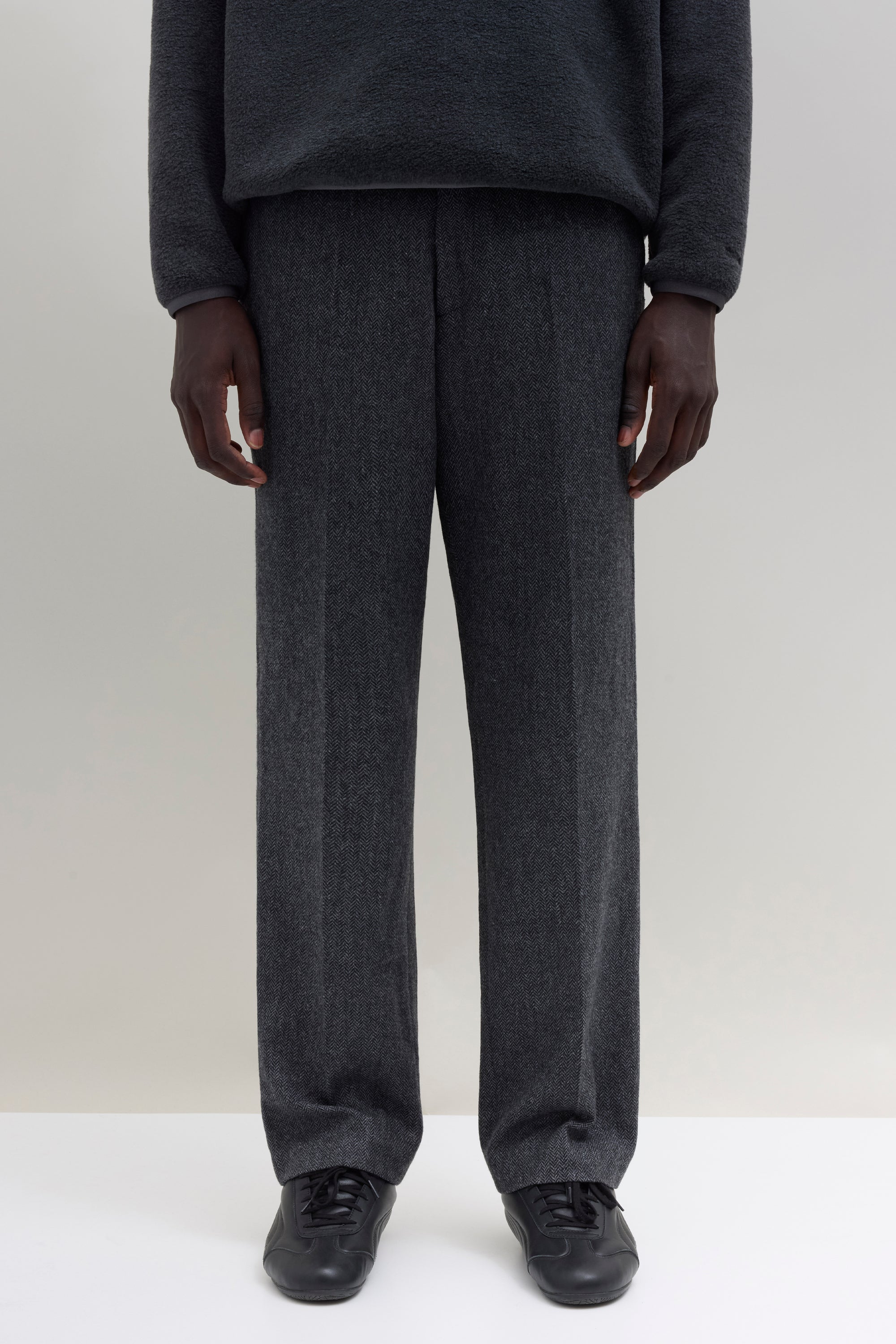 Wool Trousers Wide - Charcoal Herringbone