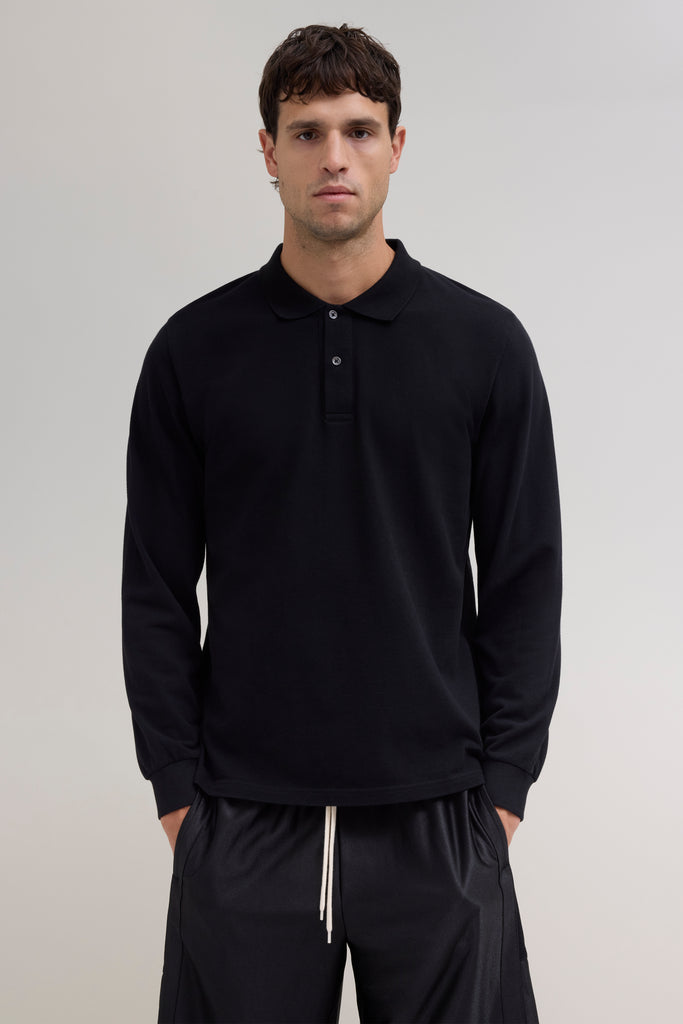 【STUDIO NICHOLSON】12GG LONG SLEEVE POLO Studio Nicholson Men's Noe Long Sleeve Knit Polo Shirt in Moss