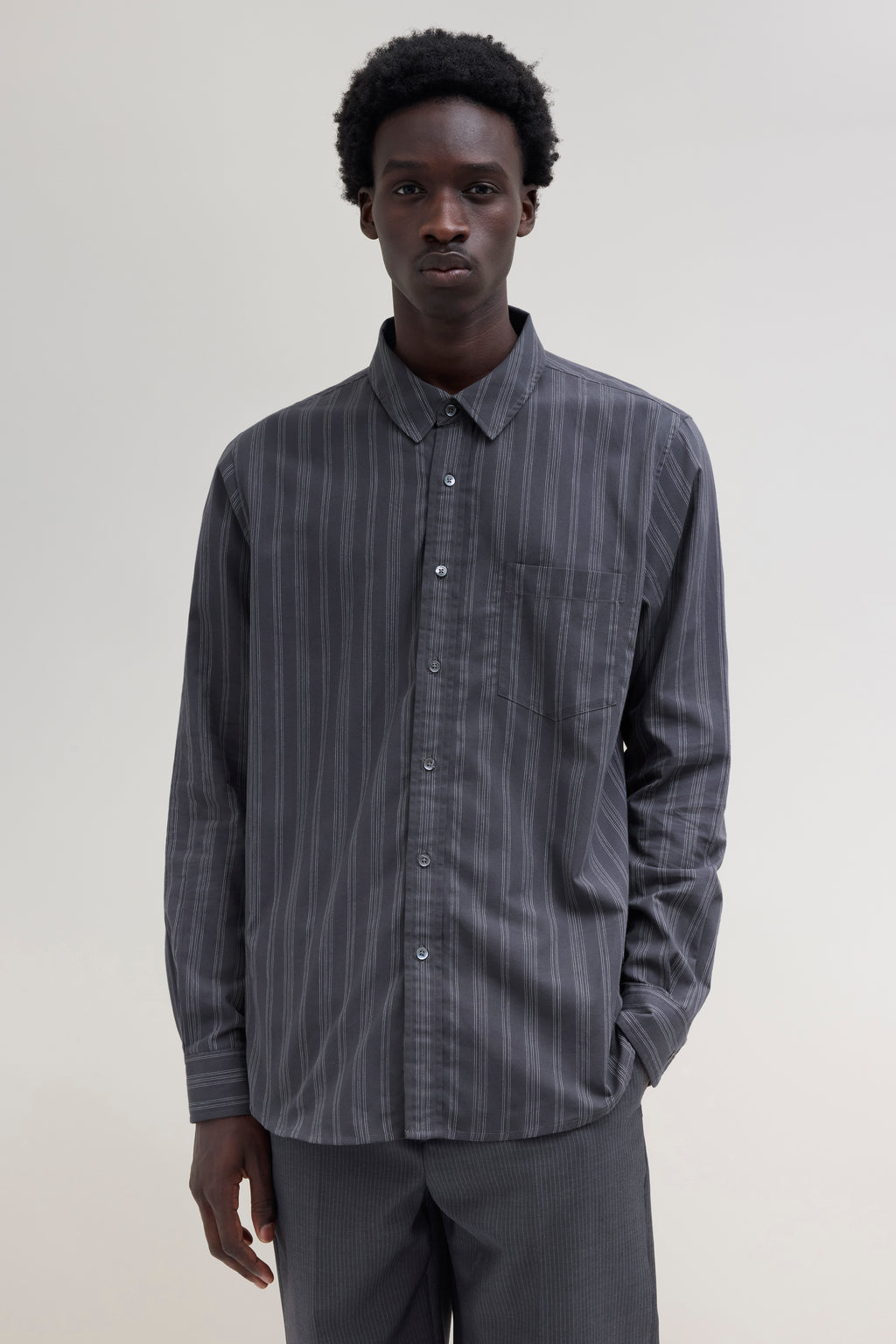 Striped Button Up Shirt - Charcoal/Off White