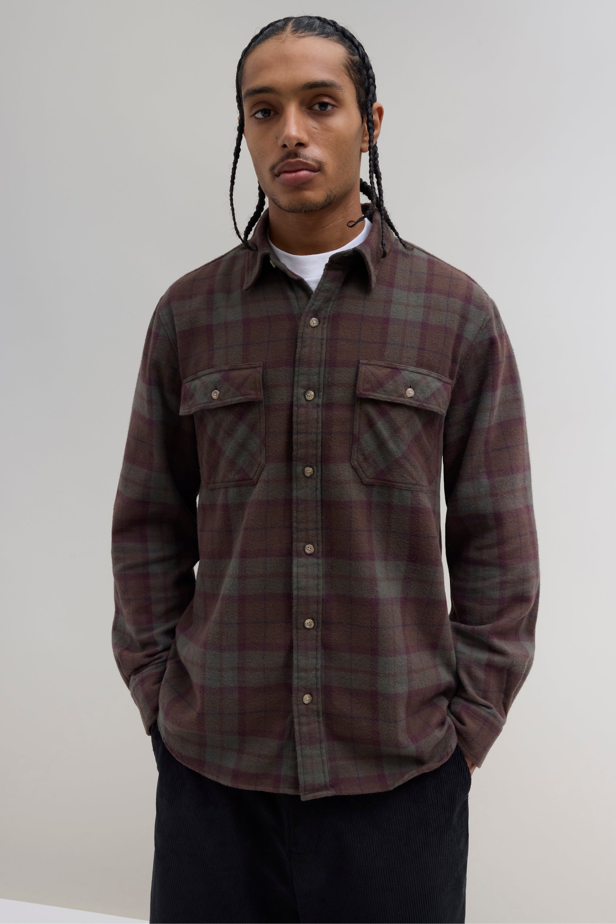 Plaid Flannel Overshirt - Forest Green/Burgundy